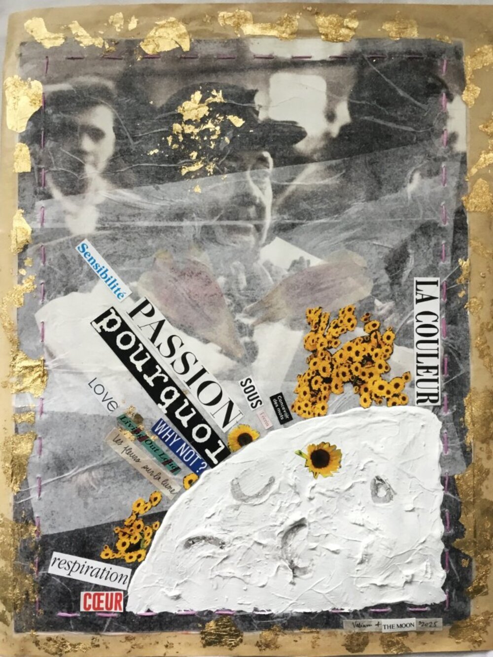 Collage on reproduction mounted on silk and butcher's papers 13 1/2 X 10 1/2inch